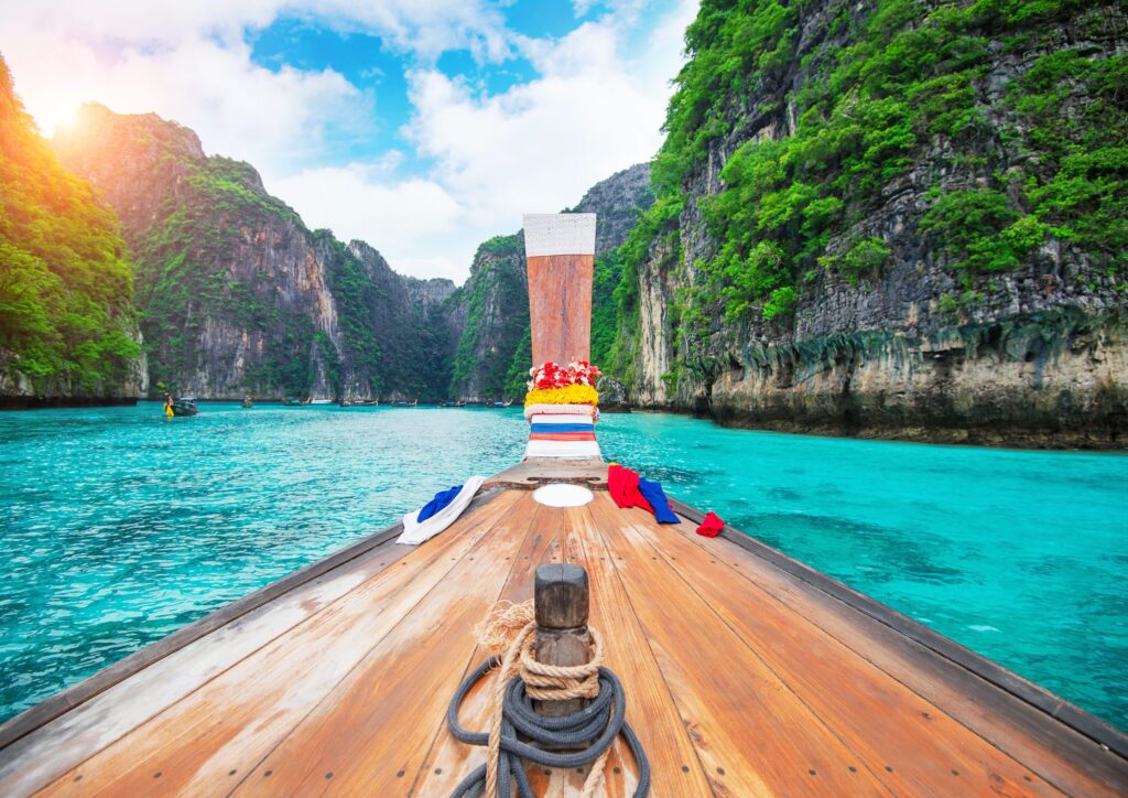 Long,Boat,And,Blue,Water,At,Maya,Bay,In,Phi